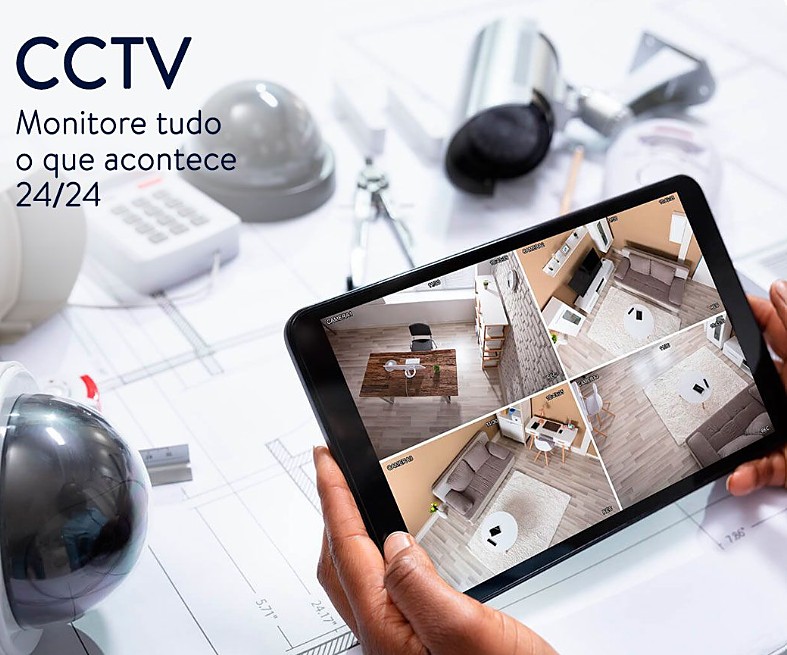 Aplicação móvel de videovigilância a mostrar quatro câmaras CFTV em tempo real