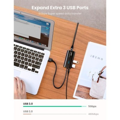 Hub UGREEN 20265 USB 3.0 com Gigabit Ethernet Preto | ByteNova