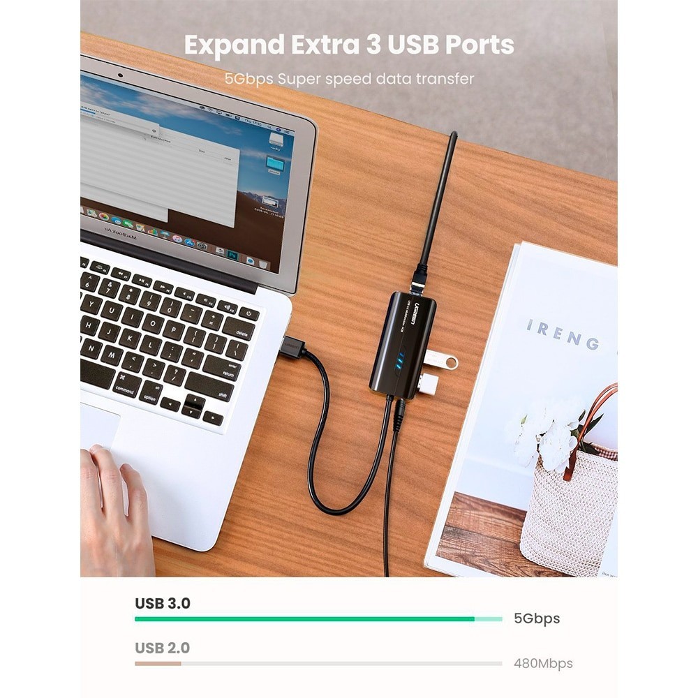 Hub UGREEN 20265 USB 3.0 com Gigabit Ethernet Preto | ByteNova