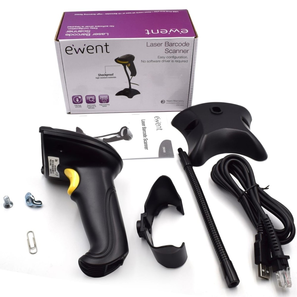 Leitor Código Barras Ewent EW3400 USB Laser 1D c/ base | ByteNova