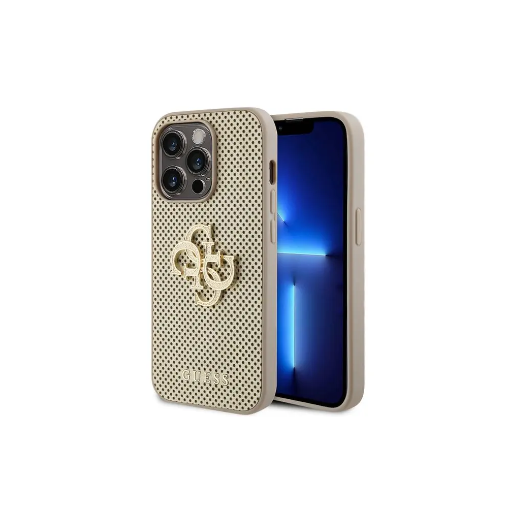 Capa de couro PU perfurada Guess com brilho 4G – Dourada | ByteNova