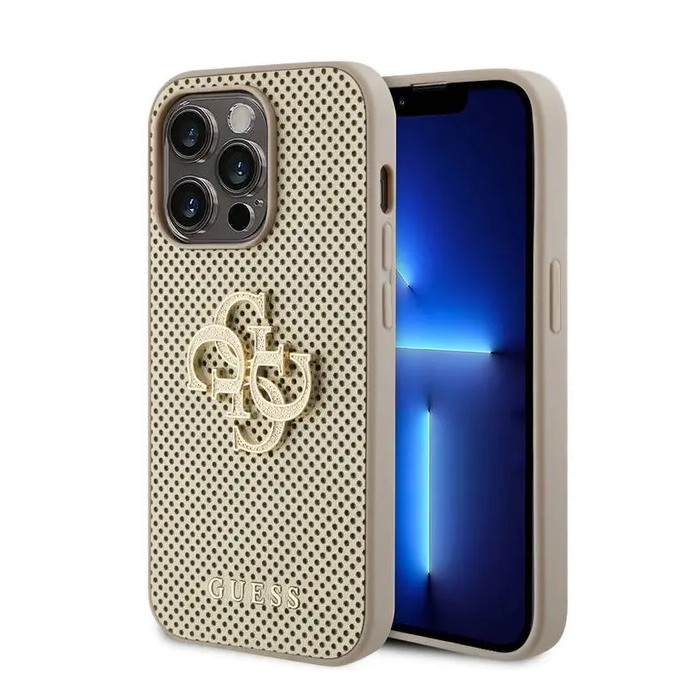 Capa de couro PU perfurada Guess com brilho 4G – Dourada | ByteNova