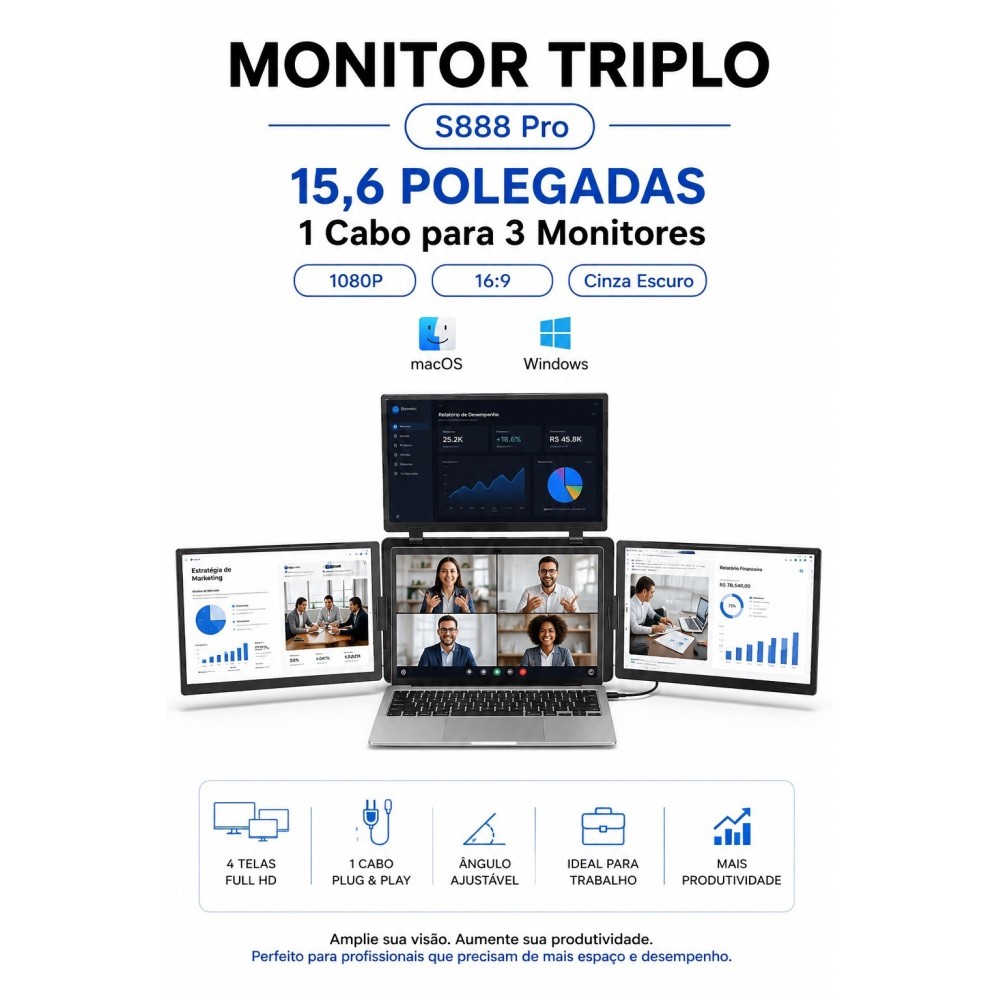 MONITOR TRIPLO PORTÁTIL S888 PRO 3x 15,6" FULL HD