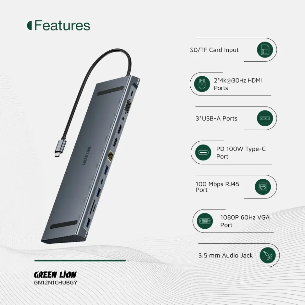 Dockistation Hub USB-C 4K HDMI 12 em 1 da Green Lion – | ByteNova